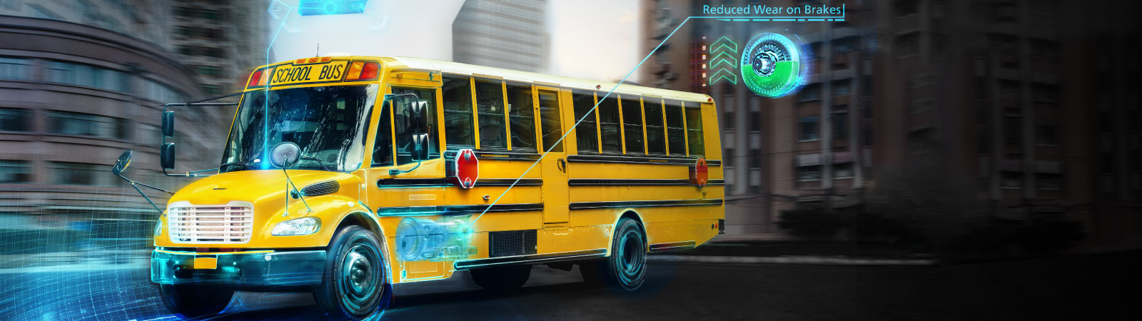 A school bus travels down a street. A blue rendered retarder is shown coming from the back.